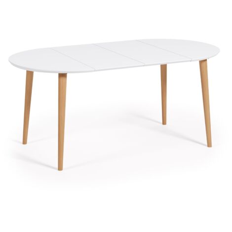  Kave Home - Tavolo Rotondo Allungabile Oqui MDF Laccato Bianco E Gambe In Faggio Massiccio 90 (170) X