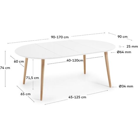  Kave Home - Tavolo Rotondo Allungabile Oqui MDF Laccato Bianco E Gambe In Faggio Massiccio 90 (170) X
