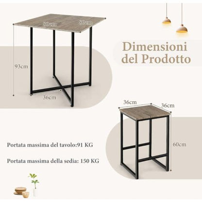  COSTWAY Set Di Tavoli Quadrati Salvaspazio Per Piccoli Spazi, Appartamenti, Piccoli Set Di Tavoli Alti Da Cucina Per 4 Persone Con Struttura In Metallo, Grigio
