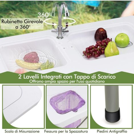  COSTWAY Tavolo Da Campeggio Portatile, Tavolo Pieghevole Con 2 Lavandini, Rubinetto Girevole A 360°, Tavolo Da Esterno Per Picnic, Barbecue E Pesca, 101,5 X 65,5 X 107,5 Cm, Portata 150 Kg