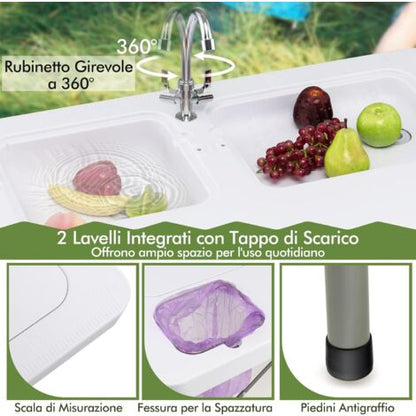  COSTWAY Tavolo Da Campeggio Portatile, Tavolo Pieghevole Con 2 Lavandini, Rubinetto Girevole A 360°, Tavolo Da Esterno Per Picnic, Barbecue E Pesca, 101,5 X 65,5 X 107,5 Cm, Portata 150 Kg