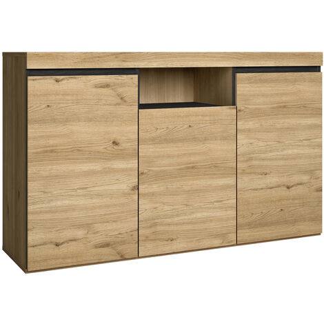  Skraut Home - Credenza Soggiorno Sala Da Pranzo Ufficio Colore ''Rovere/Nero'' 3 Ante 1 Vuoto 81x140x40 Cm, Nordico