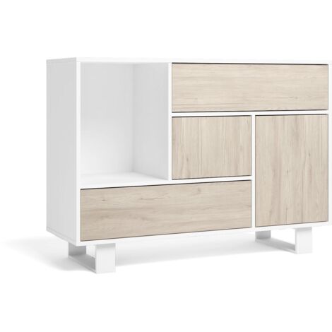  Skraut Home - Credenza WIND Per Sala Da Pranzo, Buffet 1 Porta, 3 Cassetti, Colore Struttura Bianco E Colore Porta E Cassetti Rovere. 120x40x86cm.