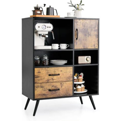  COSTWAY Credenza Per Buffet, Mobile Da Cucina Con 4 Scomparti Aperti, 1 Ante, 2 Cassetti, Per Soggiorno, Sala Da Pranzo E Cucina, Stile Industriale, Marrone Vintage, 80 X 40 X 106 Cm