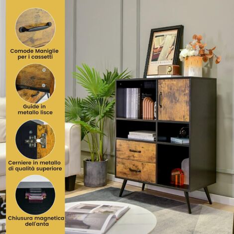  COSTWAY Credenza Per Buffet, Mobile Da Cucina Con 4 Scomparti Aperti, 1 Ante, 2 Cassetti, Per Soggiorno, Sala Da Pranzo E Cucina, Stile Industriale, Marrone Vintage, 80 X 40 X 106 Cm