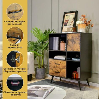  COSTWAY Credenza Per Buffet, Mobile Da Cucina Con 4 Scomparti Aperti, 1 Ante, 2 Cassetti, Per Soggiorno, Sala Da Pranzo E Cucina, Stile Industriale, Marrone Vintage, 80 X 40 X 106 Cm