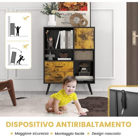  COSTWAY Credenza Per Buffet, Mobile Da Cucina Con 4 Scomparti Aperti, 1 Ante, 2 Cassetti, Per Soggiorno, Sala Da Pranzo E Cucina, Stile Industriale, Marrone Vintage, 80 X 40 X 106 Cm
