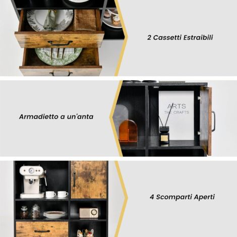  COSTWAY Credenza Per Buffet, Mobile Da Cucina Con 4 Scomparti Aperti, 1 Ante, 2 Cassetti, Per Soggiorno, Sala Da Pranzo E Cucina, Stile Industriale, Marrone Vintage, 80 X 40 X 106 Cm