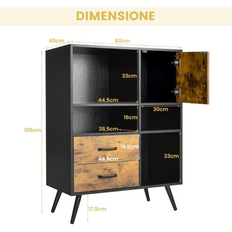  COSTWAY Credenza Per Buffet, Mobile Da Cucina Con 4 Scomparti Aperti, 1 Ante, 2 Cassetti, Per Soggiorno, Sala Da Pranzo E Cucina, Stile Industriale, Marrone Vintage, 80 X 40 X 106 Cm
