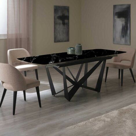  Tavolo Da Pranzo Allungabile Marmorizzato, Gambe Incrociate Nere L. 220x90 - Xilo