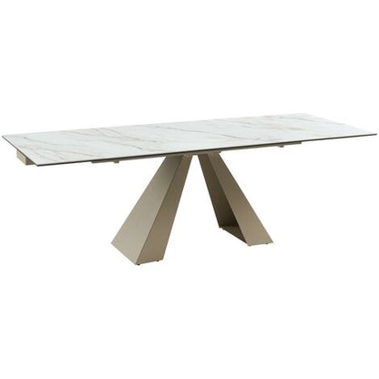  Tavolo Da Pranzo Allungabile Da 6 A 10 Coperti In Ceramica E Metallo Effetto Marmo Bianco E Beige - LOZIPA