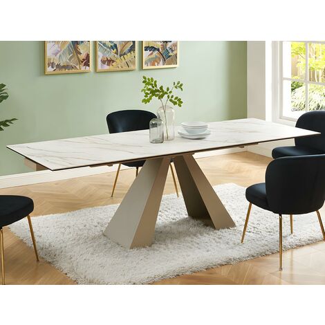  Tavolo Da Pranzo Allungabile Da 6 A 10 Coperti In Ceramica E Metallo Effetto Marmo Bianco E Beige - LOZIPA
