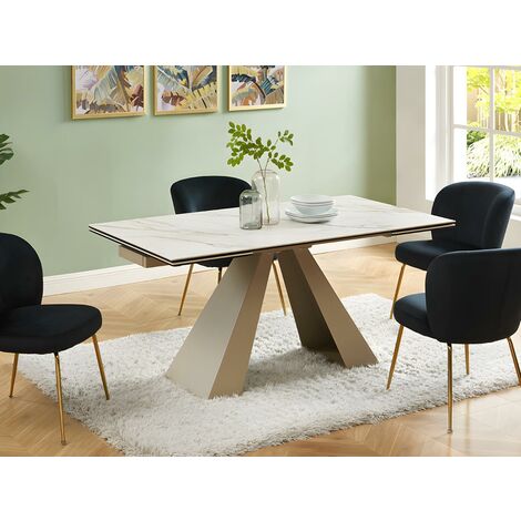  Tavolo Da Pranzo Allungabile Da 6 A 10 Coperti In Ceramica E Metallo Effetto Marmo Bianco E Beige - LOZIPA
