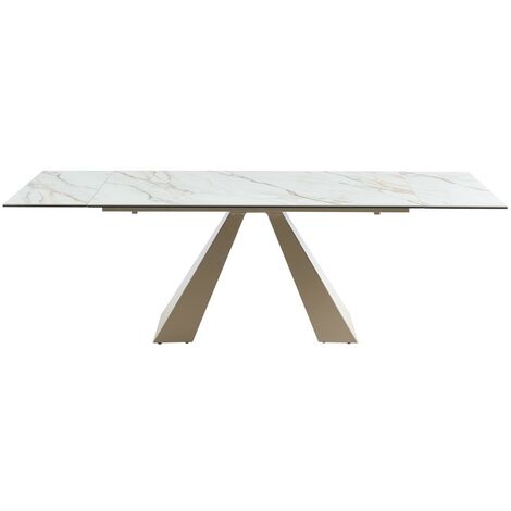 Tavolo Da Pranzo Allungabile Da 6 A 10 Coperti In Ceramica E Metallo Effetto Marmo Bianco E Beige - LOZIPA