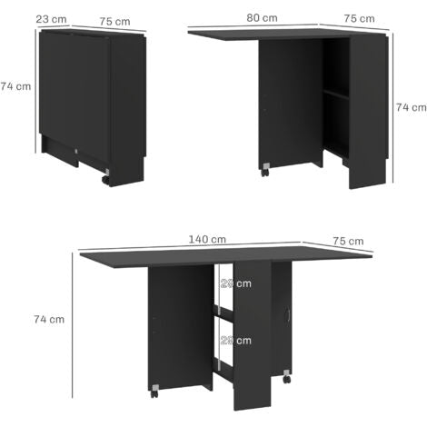  HOMCOM Tavolo Pieghevole In Legno Per 4-6 Persone Con Ruote, 75x140x74cm, Nero