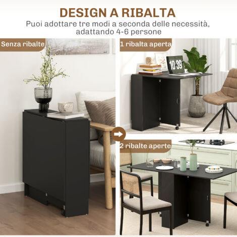  HOMCOM Tavolo Pieghevole In Legno Per 4-6 Persone Con Ruote, 75x140x74cm, Nero