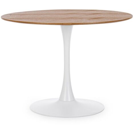  Tavolo Bloom Rotondo Con Struttura In Acciaio Verniciato, Piano In Legno -100 Cm / Bianco/Legno