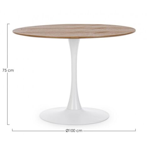  Tavolo Bloom Rotondo Con Struttura In Acciaio Verniciato, Piano In Legno -100 Cm / Bianco/Legno