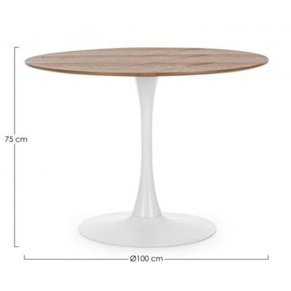  Tavolo Bloom Rotondo Con Struttura In Acciaio Verniciato, Piano In Legno -100 Cm / Bianco/Legno